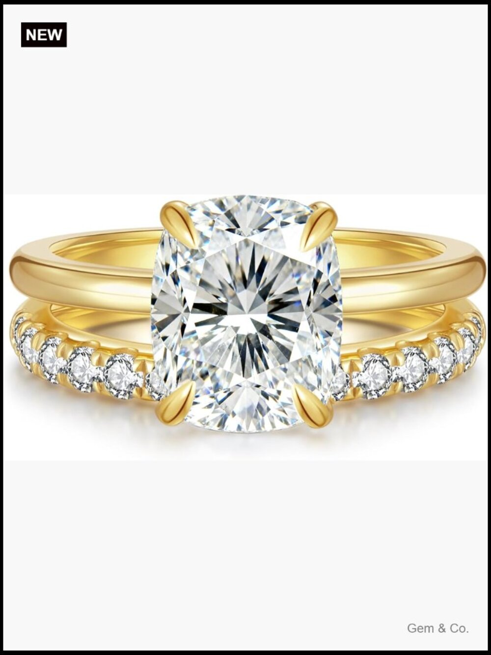 4CT Cushion Cut Moissanite Engagement Ring Set - 3EX D VVS1 Wedding Band 14K